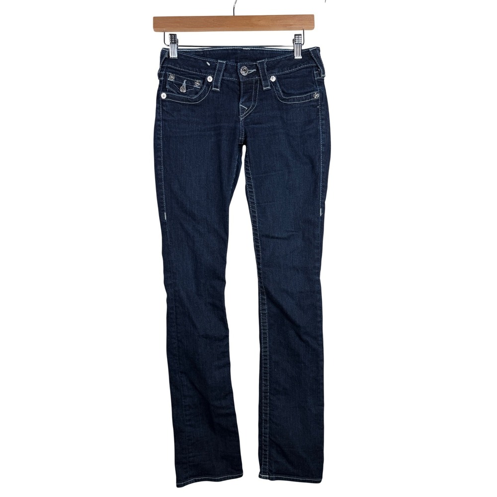 True Religion Womens Dark Wash Crystal Horseshoe Skinny Jeans Low Rise Size 26
